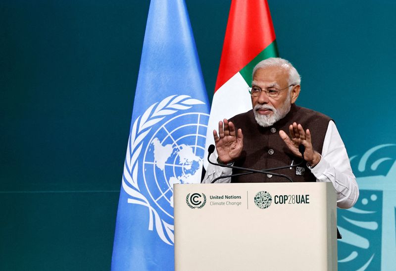 &copy; Reuters. رئيس وزراء الهند ناريندرا مودي يلقي خطابا خلال مؤتمر الأمم المتحدة المعني بتغير المناخ (كوب28) بدبي في الأول من ديسمبر كانون الأول 2023. تصوير: 