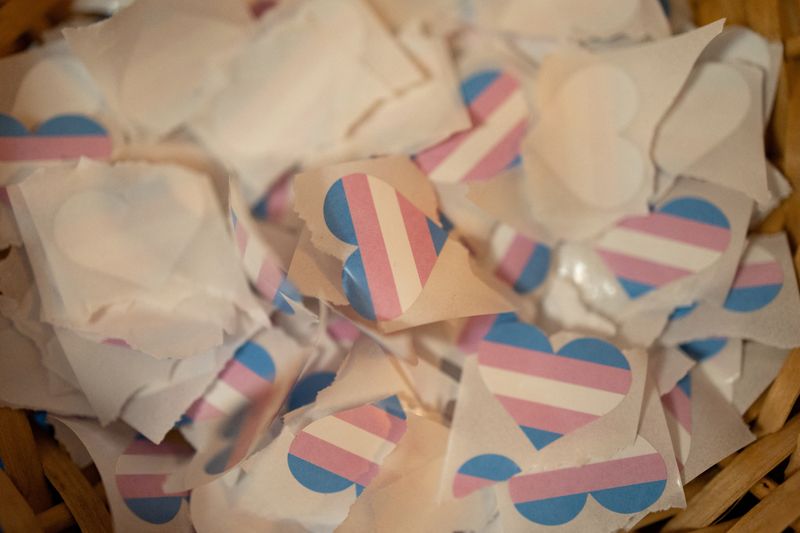 &copy; Reuters. FILE PHOTO: Stickers in the shape of a heart with a trans flag are pictured during a conversation about trans care, equity and access, during National Trans Visibility Month with the Rainbow Room, a program of Planned Parenthood Keystone, in Doylestown, P