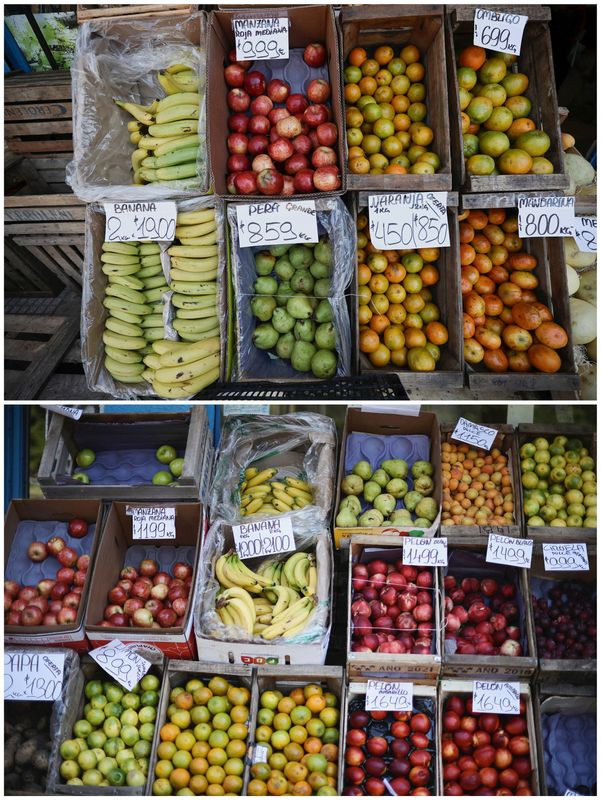 &copy; Reuters. Imagem combinada mostra cartazes em mercado anunciando preços de vegetais e frutas em 8 de dezembro de 2023 (acima) e em 8 de janeiro de 2024 (abaixo), em Buenos Aires , Argentina
REUTERS/Agustin Marcarian
