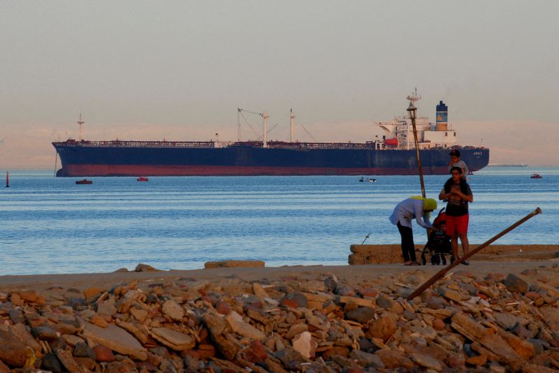 &copy; Reuters. FILE PHOTO: People walk on the beach as a container ship crosses the Gulf of Suez towards the Red Sea before entering the Suez Canal, in El Ain El Sokhna in Suez, east of Cairo, Egypt April 24, 2017. REUTERS/Amr Abdallah Dalsh/File Photo