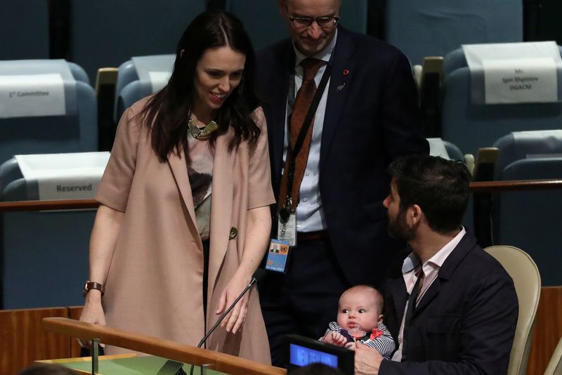 &copy; Reuters. New Zealand Prime Minister Jacinda Ardern walks back to her baby Neve and partner Clarke Gayford, after speaking at the Nelson Mandela Peace Summit during the 73rd United Nations General Assembly in New York City, New York, U.S., September 24, 2018. Pictu