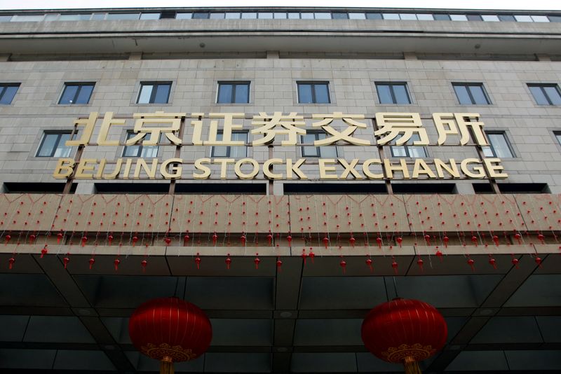 &copy; Reuters. FILE PHOTO: The sign of Beijing Stock Exchange is seen at its entrance during an organised media tour, in Beijing, China February 17, 2022. REUTERS/Florence Lo/File Photo