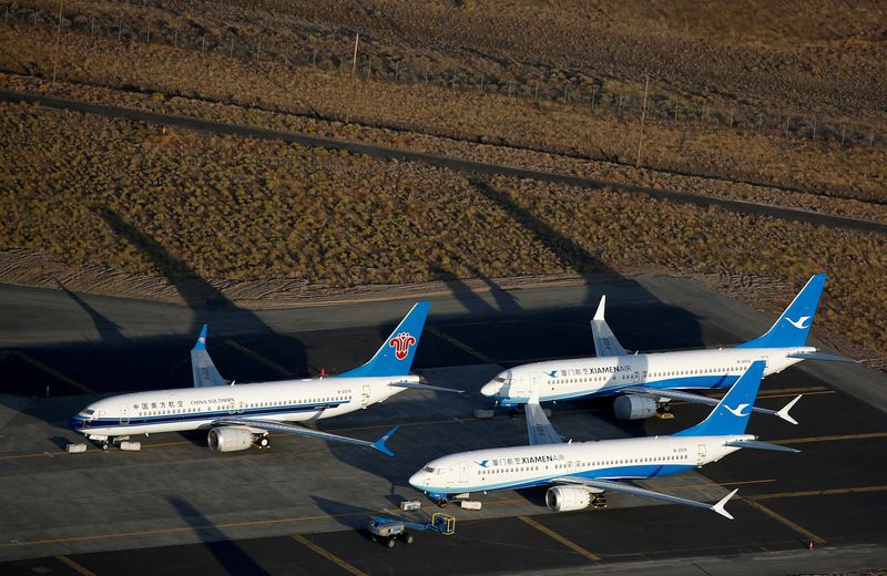 &copy; Reuters. FILE PHOTO: An aerial photo shows China Southern Airlines and Xiamen Airlines Boeing 737 MAX 8 aircraft at Boeing facilities at the Grant County International Airport in Moses Lake, Washington, September 16, 2019. REUTERS/Lindsey Wasson/File Photo