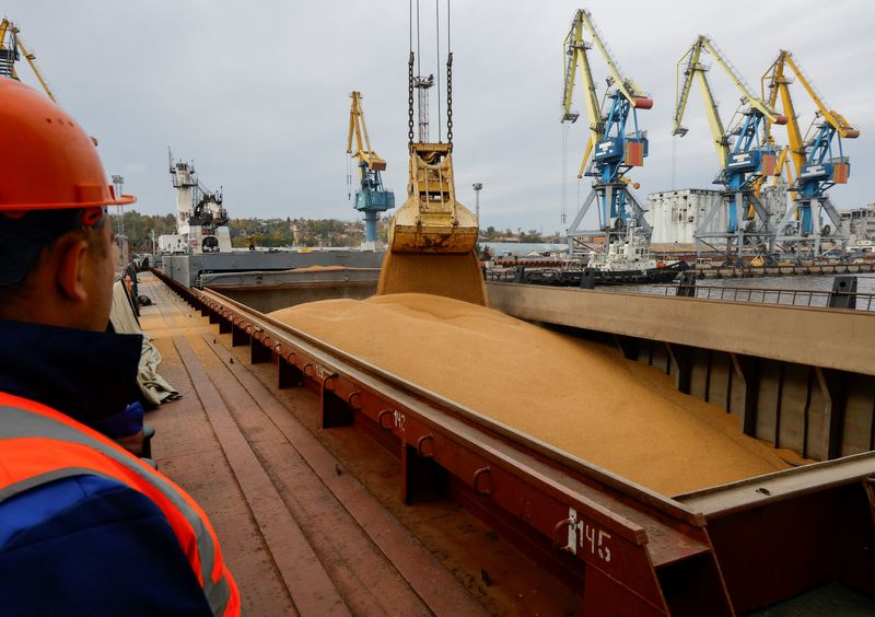 &copy; Reuters. FOTO DE ARCHIVO: Un trabajador observa cómo se carga grano de trigo en el buque de carga Mezhdurechensk antes de su partida hacia la ciudad rusa de Rostov del Don en el transcurso del conflicto entre Rusia y Ucrania en el puerto de Mariúpol, en una zona