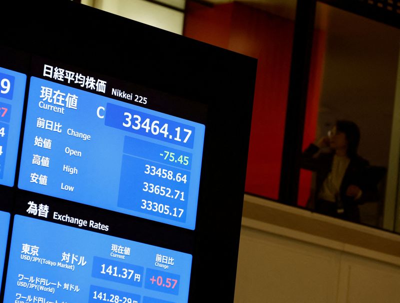 &copy; Reuters. FILE PHOTO: A closing price of Nikkei index on a stock quotation board is pictured after a ceremony marking the end of trading in 2023 at the Tokyo Stock Exchange (TSE) in Tokyo, Japan December 29,  2023. REUTERS/Kim Kyung-Hoon/File Photo