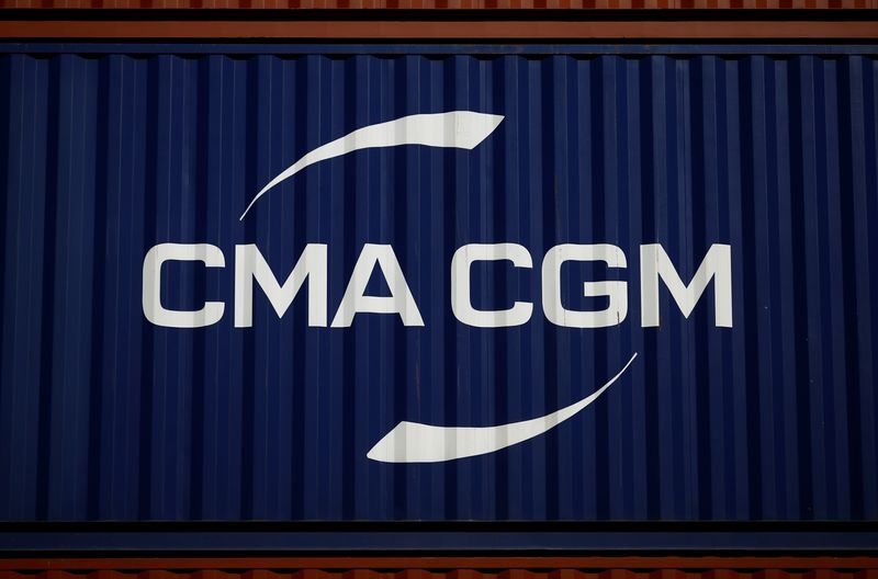 &copy; Reuters. The logo of CMA-CGM shipping company is pictured on a container in Montoir-de-Bretagne near Saint-Nazaire, France, March 4, 2022. REUTERS/Stephane Mahe/File Photo