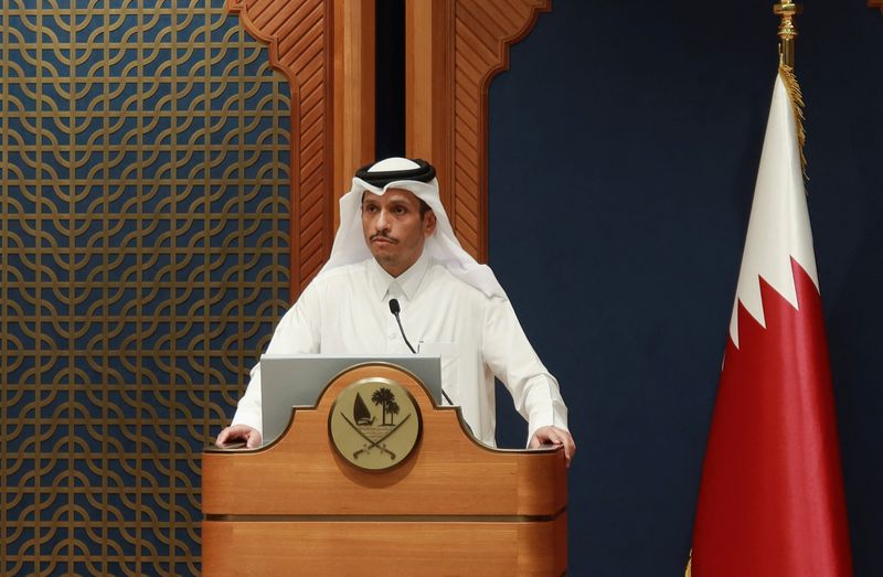 &copy; Reuters. رئيس الوزراء القطري خلال مؤتمر صحفي في الدوحة بتاريخ الخامس نوفمبر تشرين الثاني 2023. تصوير: عماد كريدي - رويترز.