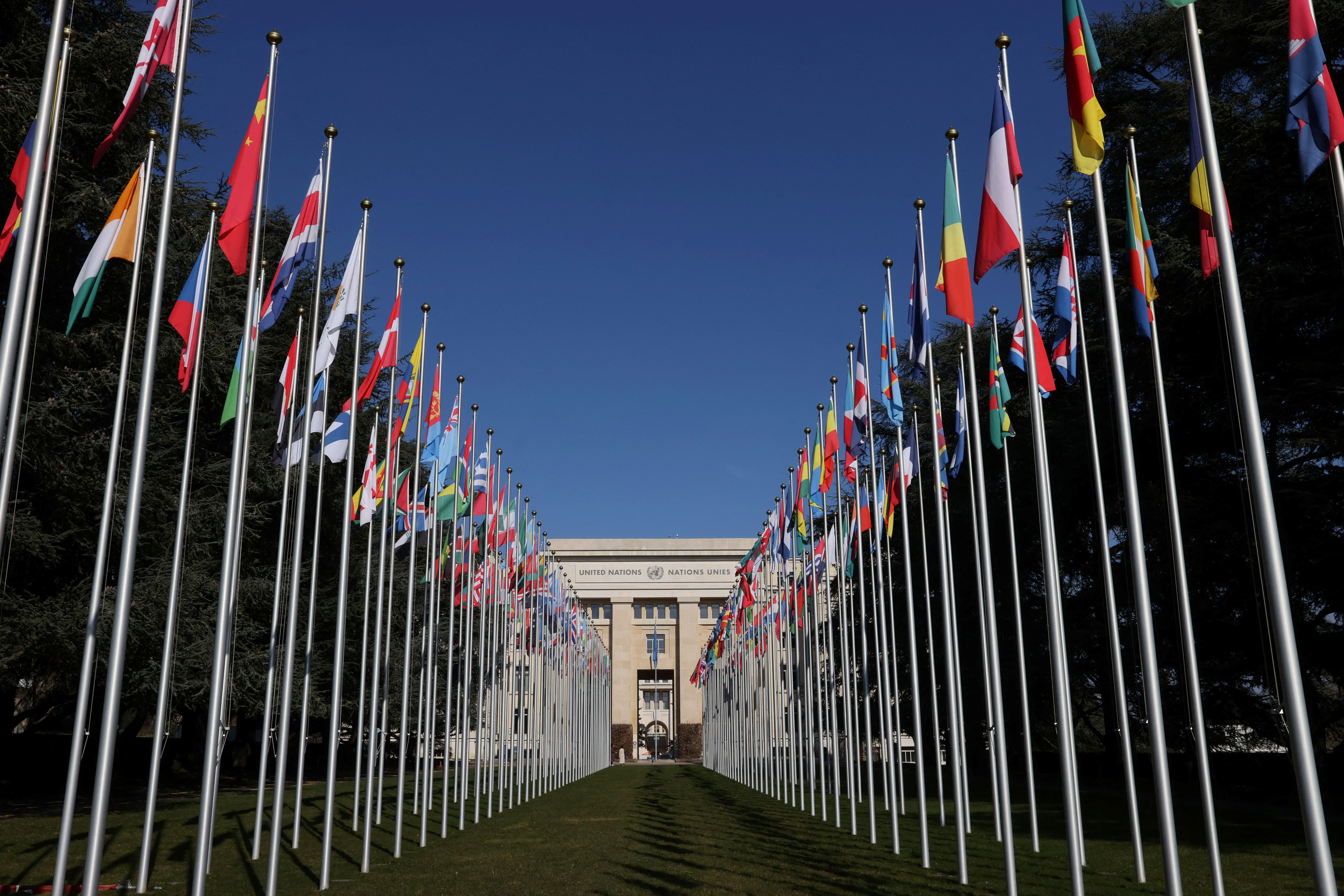 &copy; Reuters. The flags alley is seen outside the United Nations building during the Human Rights Council in Geneva, Switzerland, February 27, 2023. REUTERS/Denis Balibouse/ File Photo