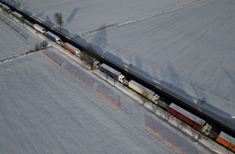 &copy; Reuters. FOTO DE ARCHIVO. Camiones se alinean en una larga cola para cruzar la frontera entre Polonia y Ucrania en el cruce de Hrebenne-Rawa Ruska en Potoki, Polonia. 8 de enero de 2024. REUTERS/Kacper Pempel