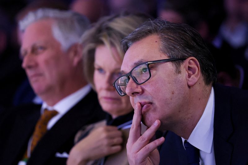 &copy; Reuters. FILE PHOTO: Belgium's King Philippe and Queen Mathilde sit with Serbia's President Aleksandar Vucic as they listen during a session, on the day of the 54th annual meeting of the World Economic Forum in Davos, Switzerland, January 16, 2024. REUTERS/Denis B