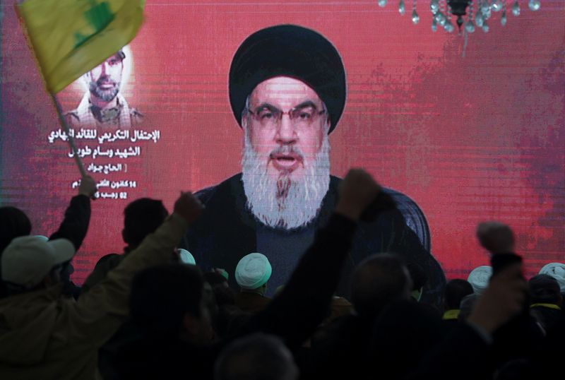 &copy; Reuters. FILE PHOTO: Lebanon's Hezbollah leader Sayyed Hassan Nasrallah gives a televised address at a memorial ceremony to mark one week since the killing of Wissam Tawil, a commander of Hezbollah's elite Radwan forces, in Khirbet Silem, southern Lebanon, January