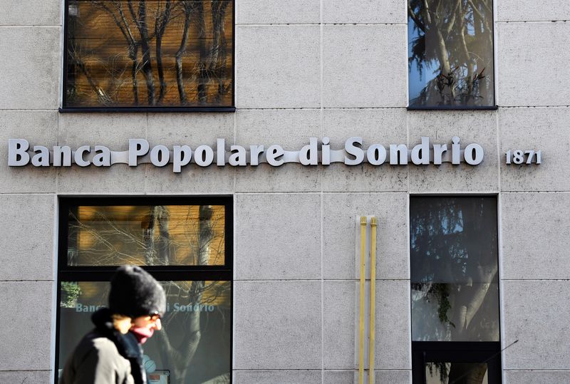 &copy; Reuters. The logo of Banca Popolare di Sondrio bank is pictured outside a company's branch, in Monza, Italy, February 5, 2020. REUTERS/Flavio Lo Scalzo/File Photo