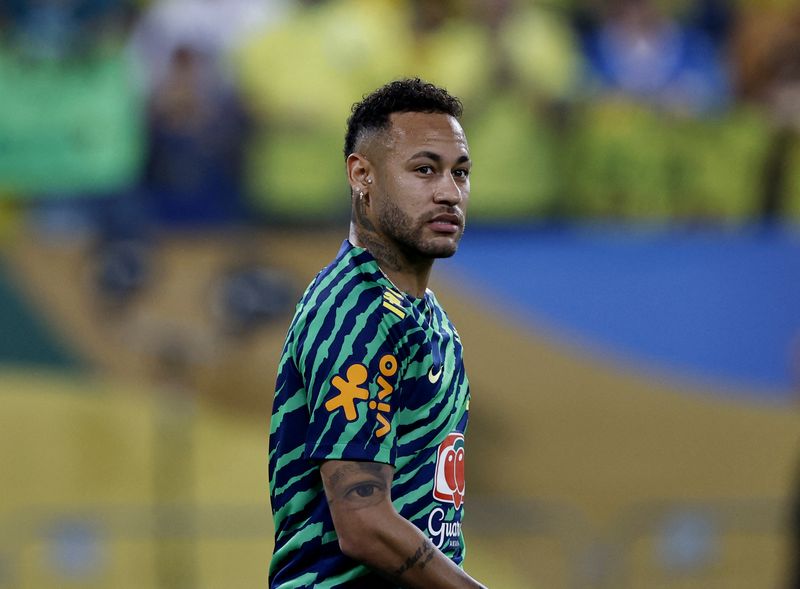 &copy; Reuters. Soccer Football - World Cup - South American Qualifiers - Brazil v Venezuela - Arena Pantanal, Cuiaba, Brazil - October 12, 2023 Brazil's Neymar during the warm up before the match REUTERS/Adriano Machado/File Photo