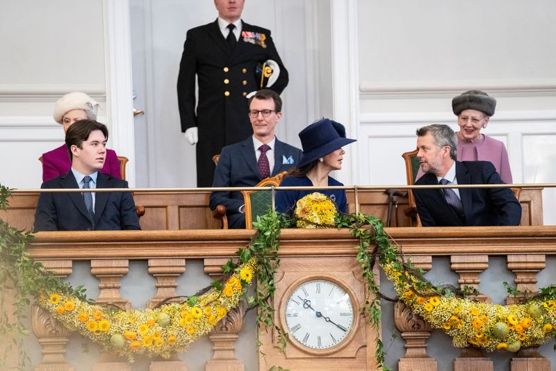 &copy; Reuters. Denmark's King Frederik, Queen Mary and Crown Prince Christian visit the Parliament Hall for the first time in their new official roles, together with former Queen Margrethe, Prince Joachim and Princess Benedikte, at Christiansborg Palace in Copenhagen, D