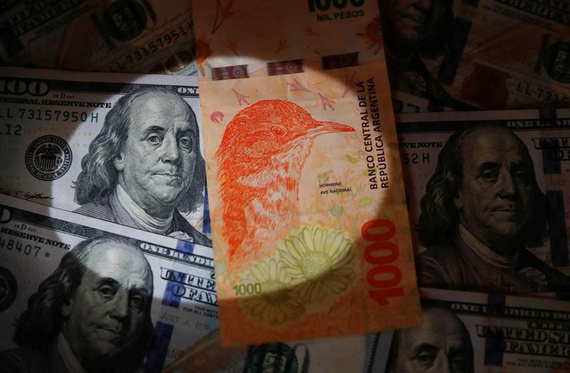 &copy; Reuters. FILE PHOTO: A one thousand Argentine peso bill sits on top of several one hundred U.S. dollar bills in this illustration picture taken October 17, 2022. REUTERS/Agustin Marcarian/Illustration/File Photo