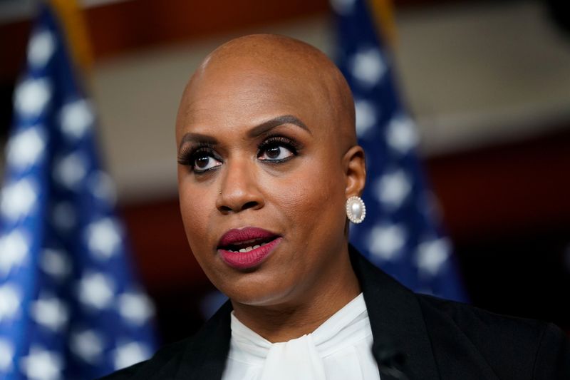 &copy; Reuters. U.S. Representative Ayanna Pressley (D-MA) speaks to reporters about a resolution to strip U.S. Representative Lauren Boebert (R-CO) of her committee assignments in response to Boebert’s anti-Muslim comments made towards U.S. Representative Ilhan Omar (