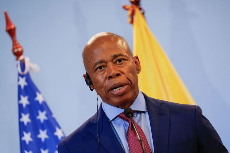 &copy; Reuters. New York City Mayor Eric Adams reacts as he and Ecuadorian Minister for Foreign Affairs and Human Mobility Gustavo Manrique (not pictured) deliver a statement following a meeting in Quito, Ecuador October 6, 2023. REUTERS/Karen Toro/FIle Photo