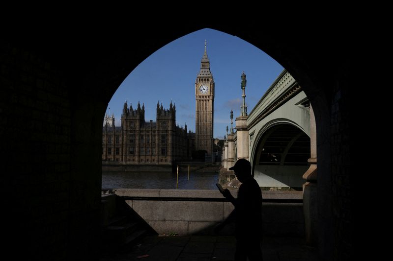 © Reuters. A man looks at his phone in view of the Palace of Westminster in London, Britain, September 22, 2023. REUTERS/Hollie Adams/File Photo
