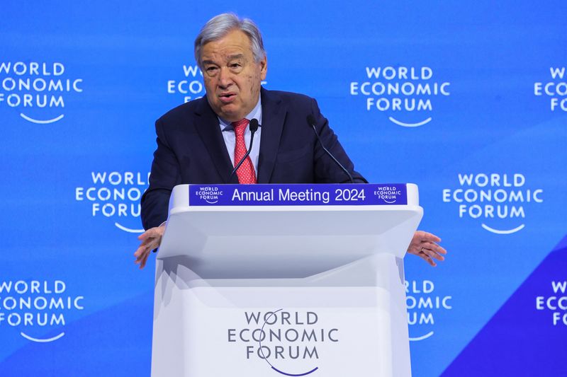 &copy; Reuters. الأمين العام للأمم المتحدة أنطونيو جوتيريش خلال الاجتماعات السنوية للمنتدى الاقتصادي العالمي في دافوس يوم 17 يناير كانون الثاني 2024. تصوير: د