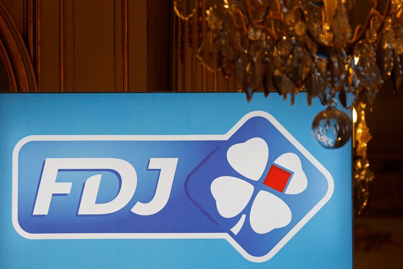 &copy; Reuters. The logo of France's national lottery operator Francaise des Jeux (FDJ) is seen during a news conference about the company's privatisation in Paris, France, October 18, 2019. REUTERS/Charles Platiau