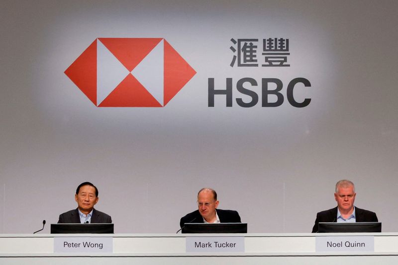 &copy; Reuters. Chairman of The Hongkong and Shanghai Banking Corporation (HSBC) Limited and The Hongkong Bank Foundation, Peter Wong, Chairman of HSBC Holdings PLC, Mark Tucker and Chief Executive of HSBC Holdings PLC Noel Quinn attend the HSBC informal meeting of share