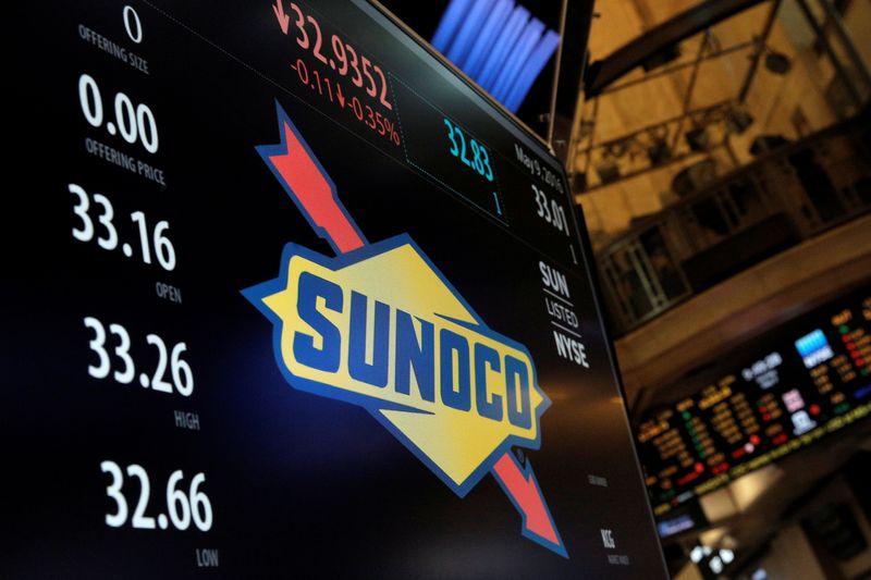 &copy; Reuters. FILE PHOTO: Trading information for Sunoco is displayed on a screen where the stock is traded on the floor of the New York Stock Exchange (NYSE) in New York City, U.S., May 9, 2016. REUTERS/Brendan McDermid/File Photo