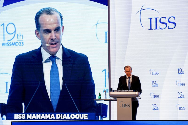 &copy; Reuters. FILE PHOTO: Coordinator for the Middle East and North Africa at the U.S. National Security Council Brett McGurk speaks at the IISS Manama Dialogue in Manama, Bahrain, November 18, 2023. REUTERS/Hamad I Mohammed