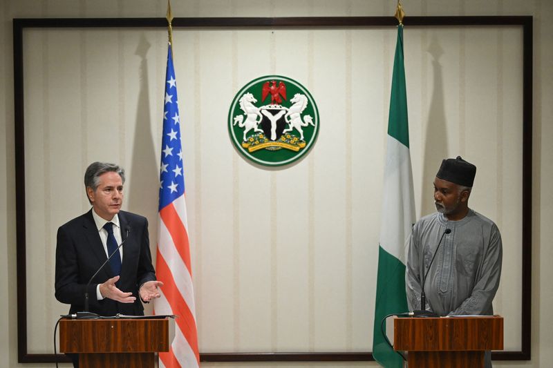 &copy; Reuters. U.S. Secretary of State Antony Blinken attends a press conference with Minister of Foreign Affairs of Nigeria Yusuf Tuggar at the Presidential Villa in Abuja, Nigeria, January 23, 2024.     Andrew Caballero-Reynolds/Pool via REUTERS