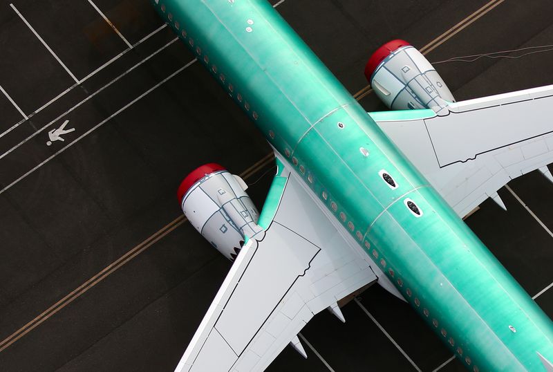 &copy; Reuters. An aerial view of the engines and fuselage of an unpainted Boeing 737 MAX airplane parked in storage at King County International Airport-Boeing Field in Seattle, Washington, U.S, June 1, 2022.  REUTERS/Lindsey Wasson/File Photo