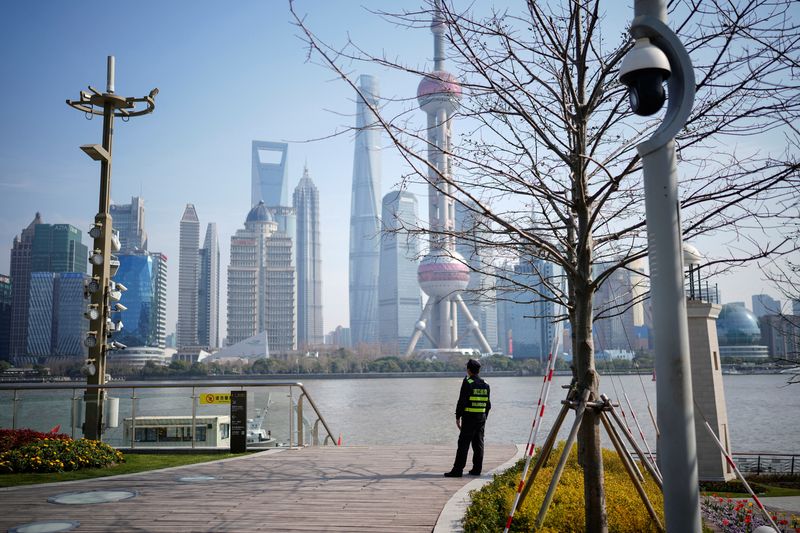 &copy; Reuters. FILE PHOTO: A security guard stands guard on a riverside in front of the Lujiazui financial district, during the National People's Congress (NPC) in Shanghai, China, March 7, 2023. REUTERS/Aly Song/File Photo
