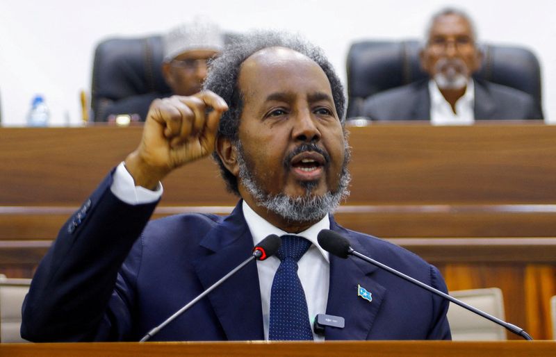 &copy; Reuters. FILE PHOTO: Somalia's President Hassan Sheikh Mohamud addresses the parliament regarding the Ethiopia-Somaliland port deal, in Mogadishu, Somalia January 2, 2024. REUTERS/Feisal Omar/File Photo