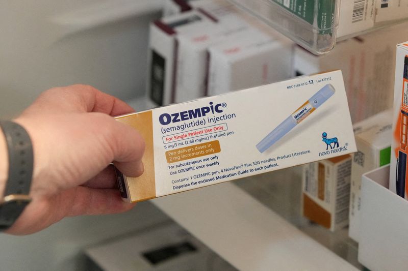 © Reuters. FILE PHOTO: A pharmacist displays a box of Ozempic, a semaglutide injection type 2 drug used for treating diabetes made by Novo Nordisk, at Rock Canyon Pharmacy in Provo, Utah, U.S. March 29, 2023. REUTERS/George Frey/File Photo