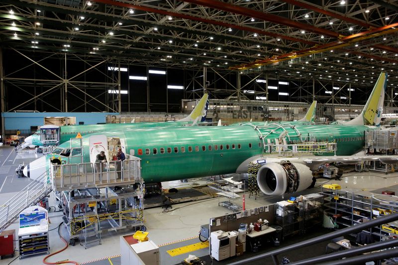 &copy; Reuters. FILE PHOTO: Boeing's new 737 MAX-9 is pictured under construction at their production facility in Renton, Washington, U.S., February 13, 2017. REUTERS/Jason Redmond/File Photo