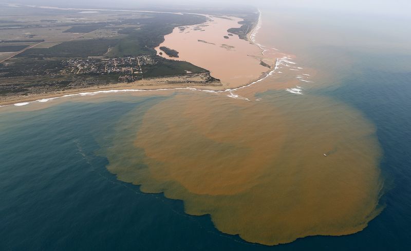 &copy; Reuters. An aerial view of the Rio Doce (Doce River), which was flooded with mud after a dam owned by Vale SA and BHP Billiton Ltd burst, at an area where the river joins the sea on the coast of Espirito Santo in Regencia Village, Brazil, November 23, 2015. REUTER