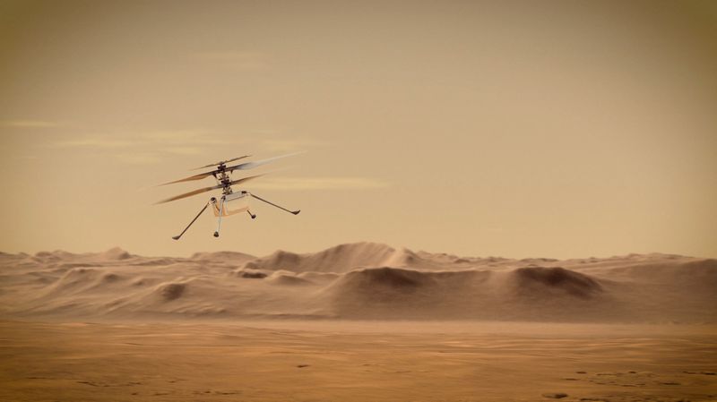 &copy; Reuters. FILE PHOTO: Ingenuity Mars Helicopter flies over Mars in an undated illustration provided by Jet Propulsion Laboratory in Pasadena, California. NASA/JPL-Caltech/Handout via REUTERS/File Photo