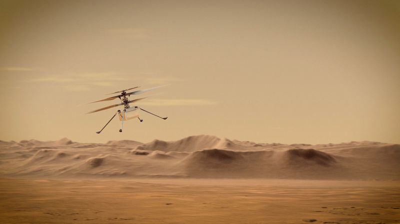 &copy; Reuters. Ilustración sin fecha del helicóptero de la NASA Ingenuity Mars volando sobre Marte 
Jet Propulsion Laboratory in Pasadena, California. NASA/JPL-Caltech/Handout via REUTERS/
