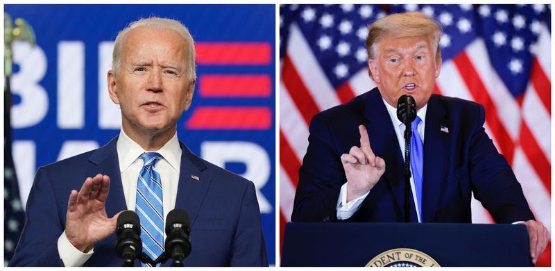 © Reuters. FILE PHOTO: Combination picture of Democratic U.S. presidential nominee Joe Biden and U.S. President Donald Trump speaking about the early results of the 2020 U.S. presidential election, U.S. November 4, 2020. Pictures taken November 4. REUTERS/Kevin Lamarque/Carlos Barria