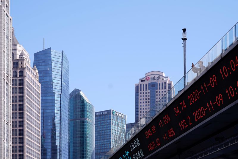 &copy; Reuters. An electronic board showing Shanghai and Shenzhen stock indexes is seen on an overpass at the Lujiazui financial district in Shanghai, China November 9, 2020. REUTERS/Aly Song/File Photo