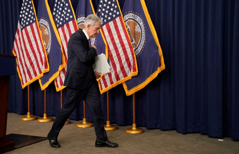 &copy; Reuters. FILE PHOTO: Federal Reserve Board Chair Jerome Powell departs a press conference at the Federal Reserve in Washington, U.S., December 13, 2023. REUTERS/File Photo