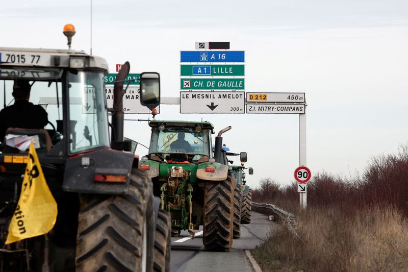 &copy; Reuters. French farmers use their tractors during a go-slow operation near Roissy Charles-de-Gaulle airport as they protest over price pressures, taxes and green regulation, grievances shared by farmers across Europe, in Compans, near Paris, France, January 27, 20