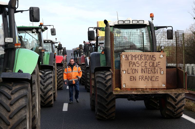 © Reuters. French farmer Regis Bomy, 61, walks, as nationwide farmers protest over price pressures, taxes and green regulation, grievances shared by farmers across Europe continues, in Chamant, near Paris, France, January 26, 2024. REUTERS/Yves Herman