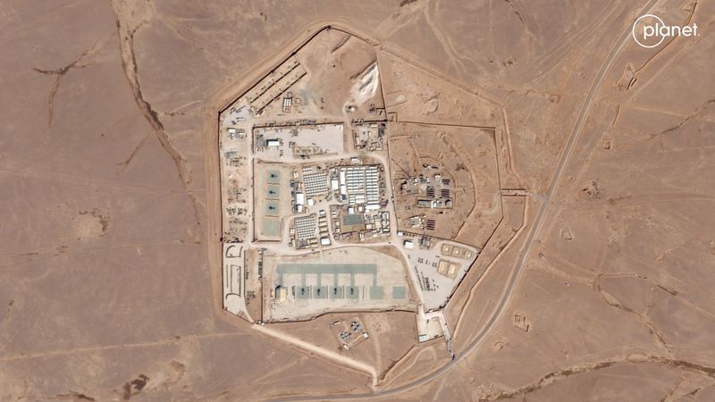 © Reuters. Satellite view of the U.S. military outpost known as Tower 22, in Rukban, Rwaished District, Jordan October 12, 2023 in this handout image. Planet Labs PBC/Handout via REUTERS