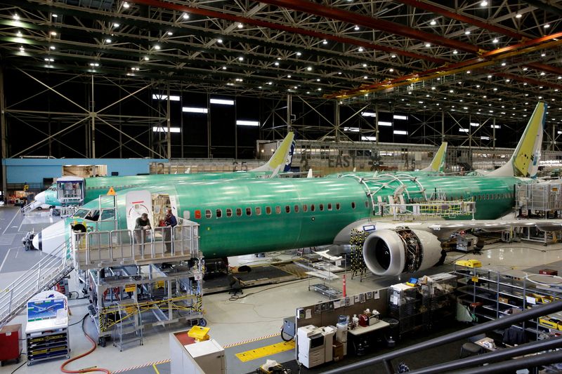 &copy; Reuters. FILE PHOTO: Boeing's new 737 MAX-9 is pictured under construction at their production facility in Renton, Washington, U.S., February 13, 2017. REUTERS/Jason Redmond//File Photo