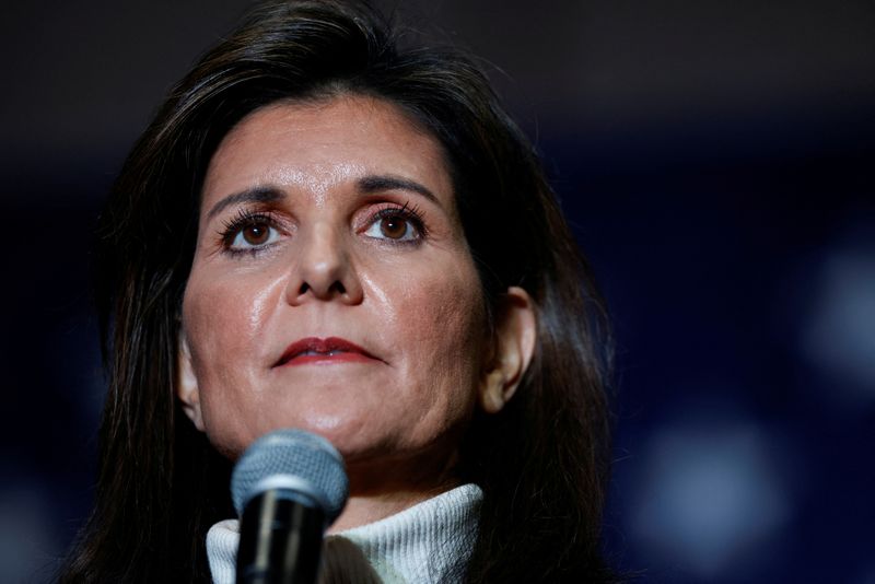 &copy; Reuters. FILE PHOTO: Republican presidential candidate and former U.S. Ambassador to the United Nations Nikki Haley speaks during a campaign event, ahead of the South Carolina Republican presidential primary election, in Conway, South Carolina, U.S., January 28, 2