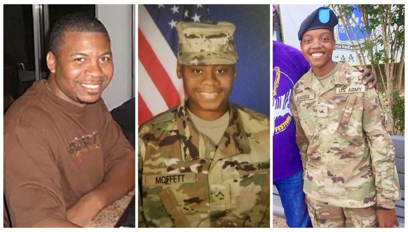 © Reuters. U.S. Army Reserve Sgt. William Jerome Rivers, Spc. Breonna Alexsondria Moffett and Spc. Kennedy Ladon Sanders, who were killed in a drone attack on an outpost in northeast Jordan, are seen in a combination of undated photographs released by the U.S. Army Reserve Command.   U.S. Army Reserve Command/Handout via REUTERS