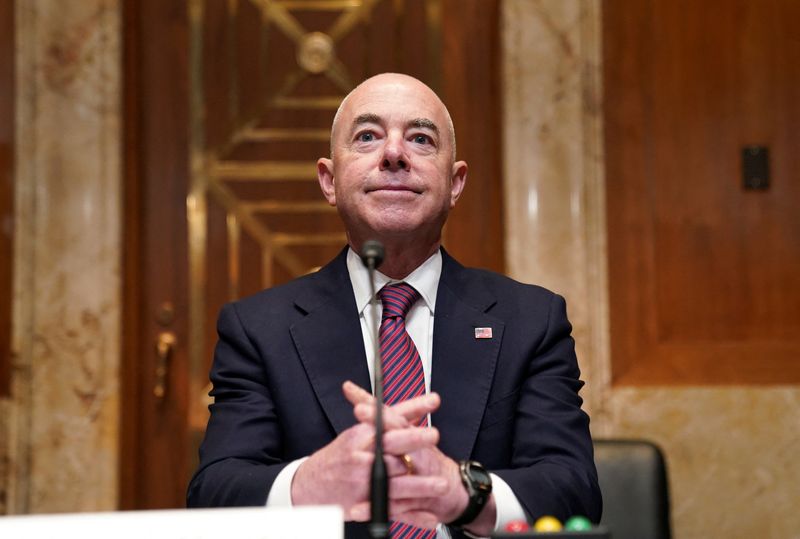 &copy; Reuters. FILE PHOTO: Department of Homeland Security (DHS) Secretary Alejandro Mayorkas takes his seat to testify before a Senate Appropriations Homeland Security Subcommittee hearing on the department's budget request on Capitol Hill in Washington, U.S., May 26, 