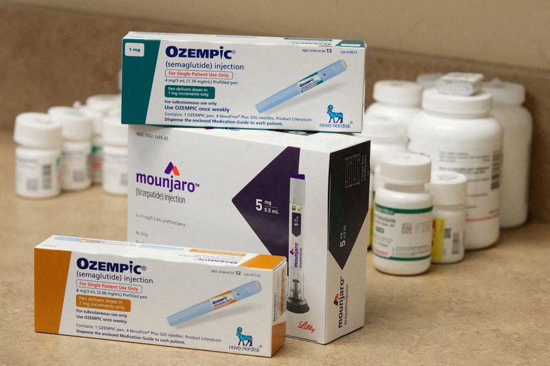 © Reuters. FILE PHOTO: Boxes of Ozempic and Mounjaro, semaglutide and tirzepatide, injection drugs used for treating type 2 diabetes and made by Novo Nordisk and Eli Lilly, is seen at a Rock Canyon Pharmacy in Provo, Utah, U.S. March 29, 2023. REUTERS/George Frey/File Photo