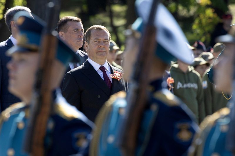 &copy; Reuters. Deputy head of Russia's Security Council Dmitry Medvedev takes part in ceremonial events, that mark the anniversary of the World War Two victory over Japan, in Glory Square in the far eastern city of Yuzhno-Sakhalinsk, Russia, September 3, 2023. Sputnik/Y
