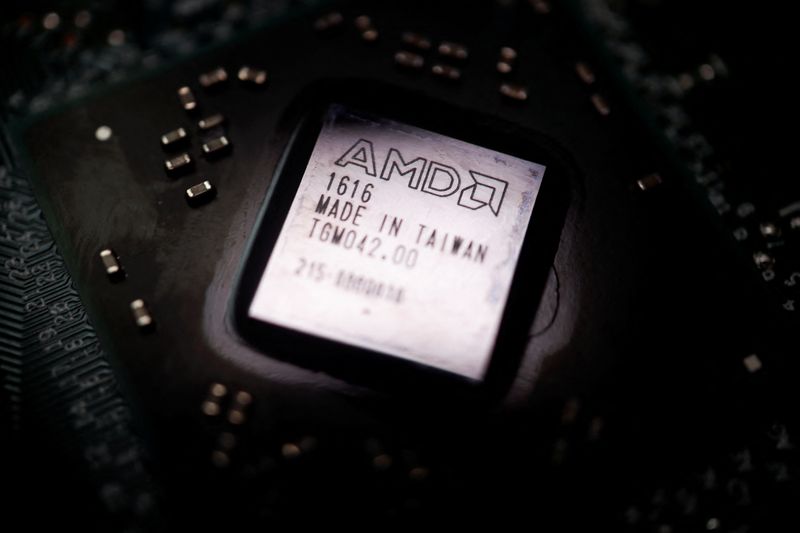 &copy; Reuters. The logo of semiconductor company Advanced Micro Devices Inc (AMD) is seen on a graphics processing unit (GPU) chip in this illustration picture taken February 17, 2023. REUTERS/Florence Lo/Illustration/File Photo