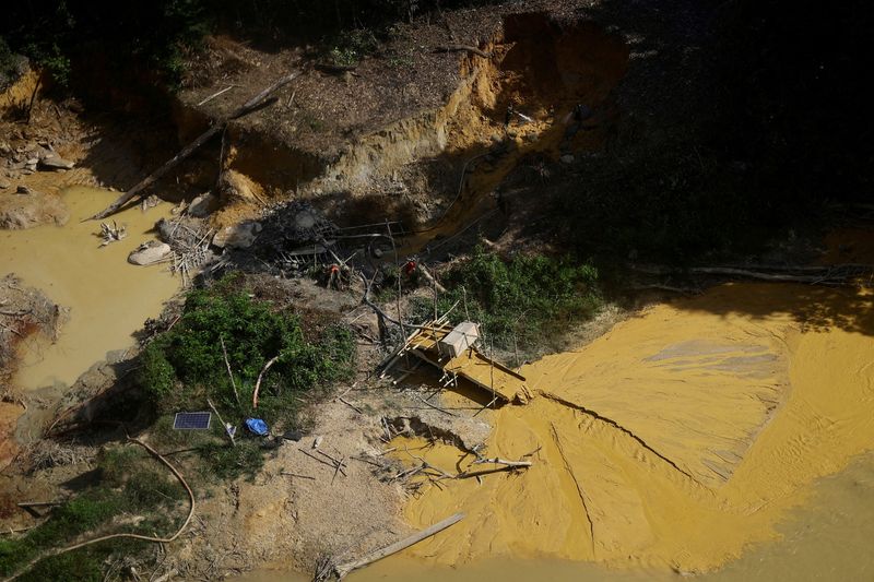 &copy; Reuters. FILE PHOTO: Illegal miners are caught using jets of water to dig for gold, damaging the soil by the edge of the Couto de Magalhaes river, during an operation by the Brazilian Institute of Environment and Renewable Natural Resources (IBAMA) against illegal